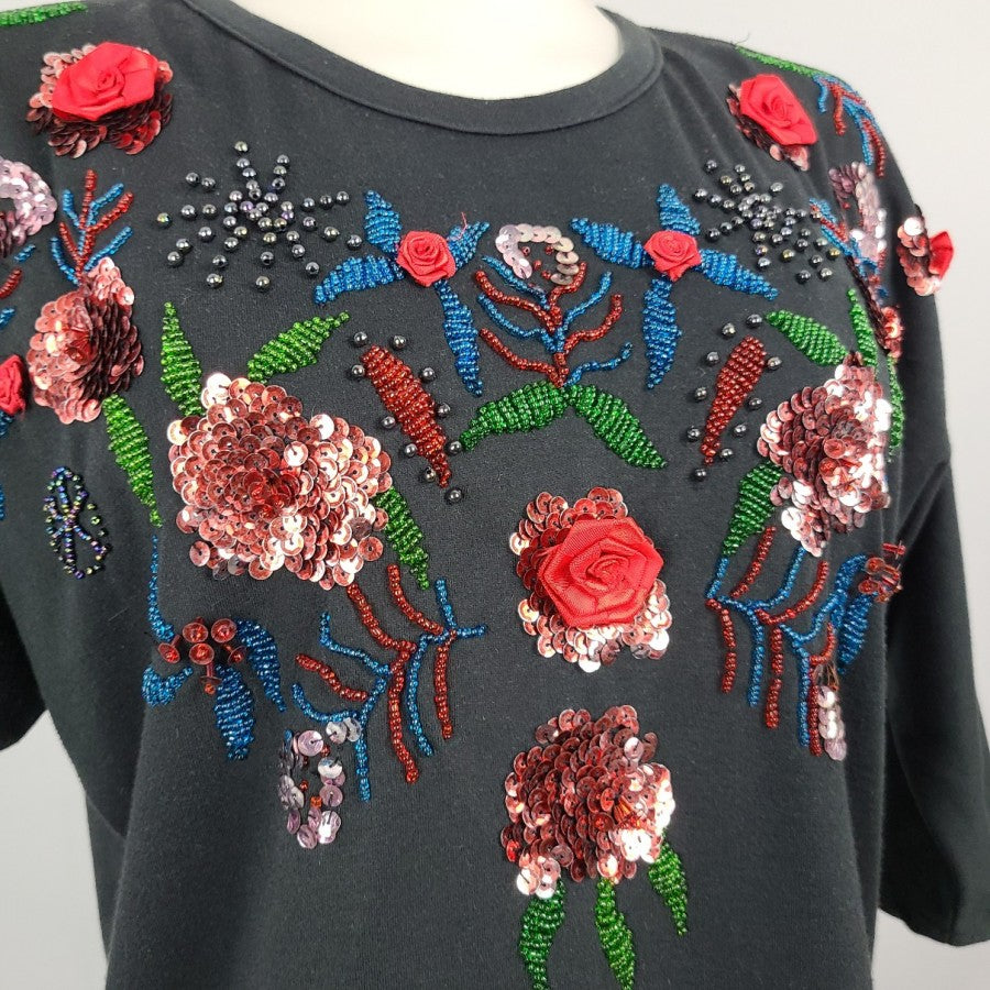 Vintage Flower Beaded Black Dolman Sleeve Top Size S/M