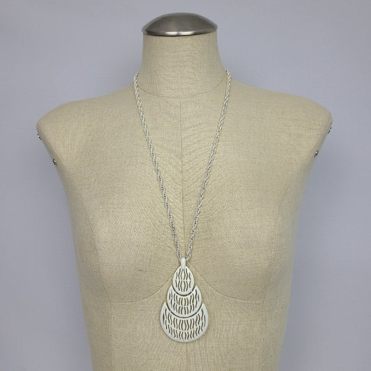 Vintage Crown Trifari White Enamel Long Pendant Necklace