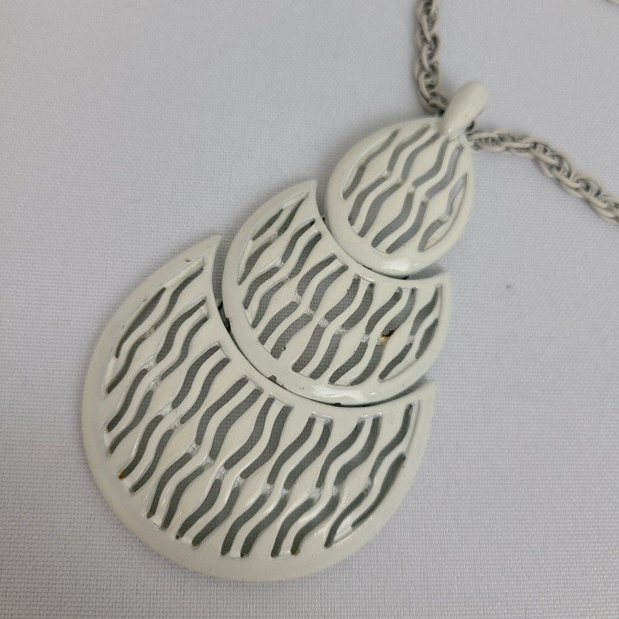 Vintage Crown Trifari White Enamel Long Pendant Necklace