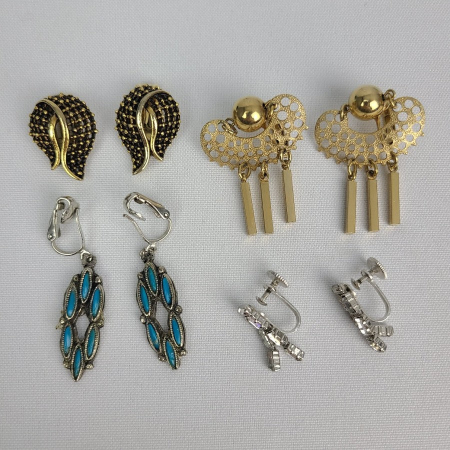 Gold Silver & Teal Clip On Earrings 4 Pairs