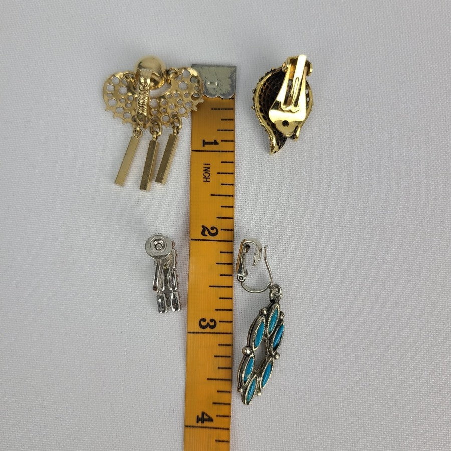 Gold Silver & Teal Clip On Earrings 4 Pairs
