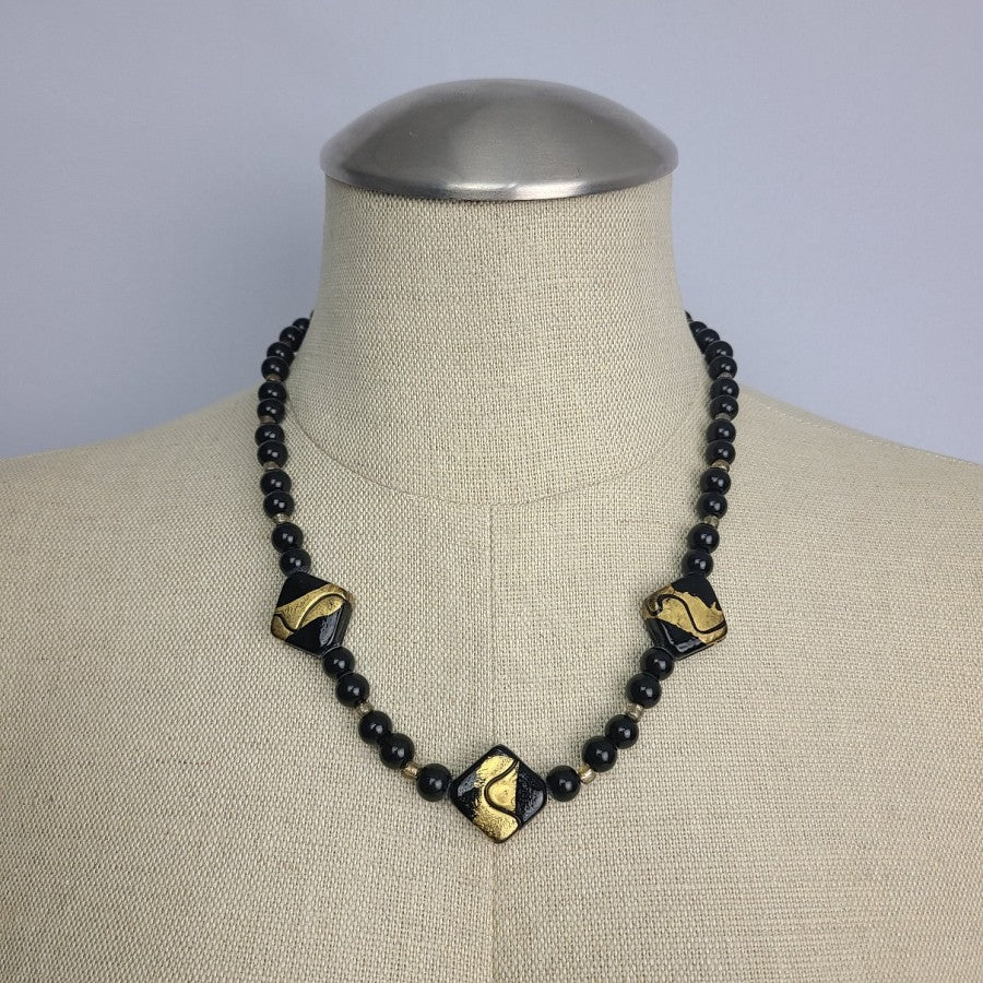 Vintage Black & Gold Glass Beaded Necklace
