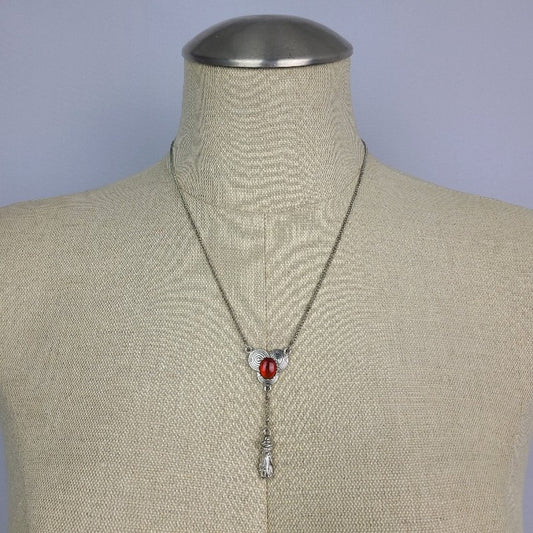 Vintage Silver Tone Red Stone Y Necklace