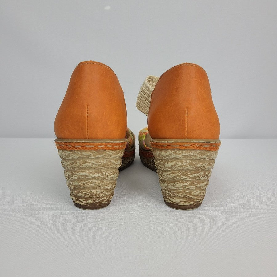 Rieker Wedge Bow Sandals Leather Orange Flower Size 10 US