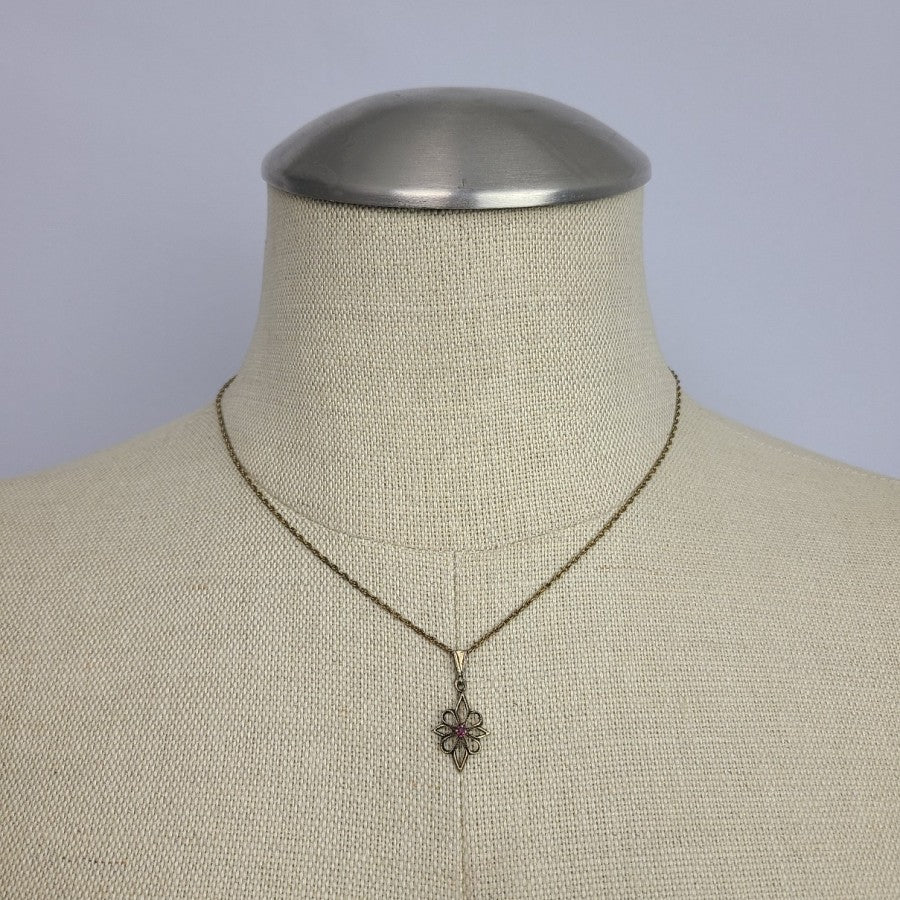 Vintage Gold Filled Necklace Dainty Flower Pendant Purple Gem Stone
