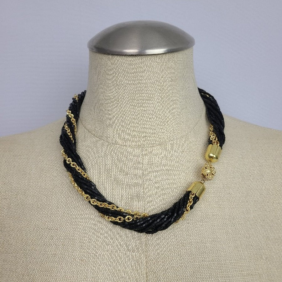 Vintage Black Glass Beads Gold Chain Collar Necklace