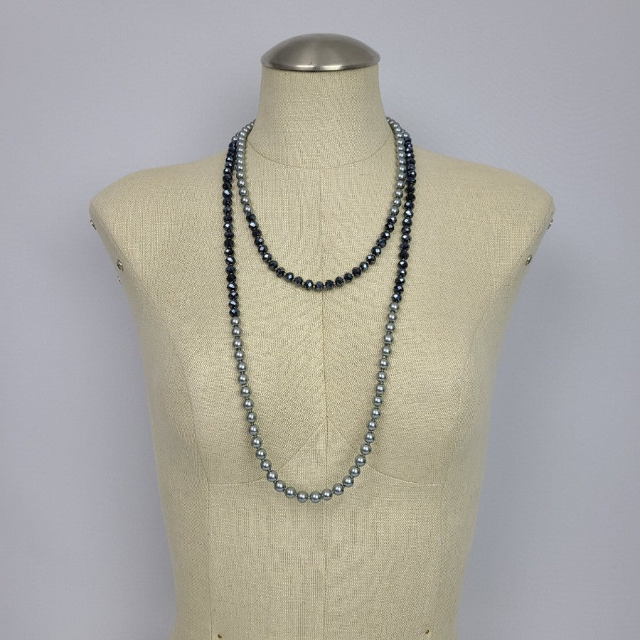 Grey & Blue Glass Faux Pearl Long Necklace