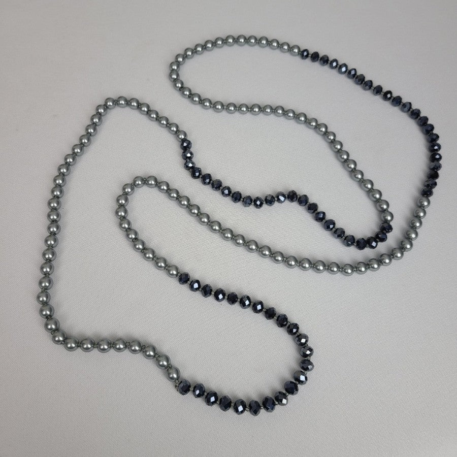 Grey & Blue Glass Faux Pearl Long Necklace