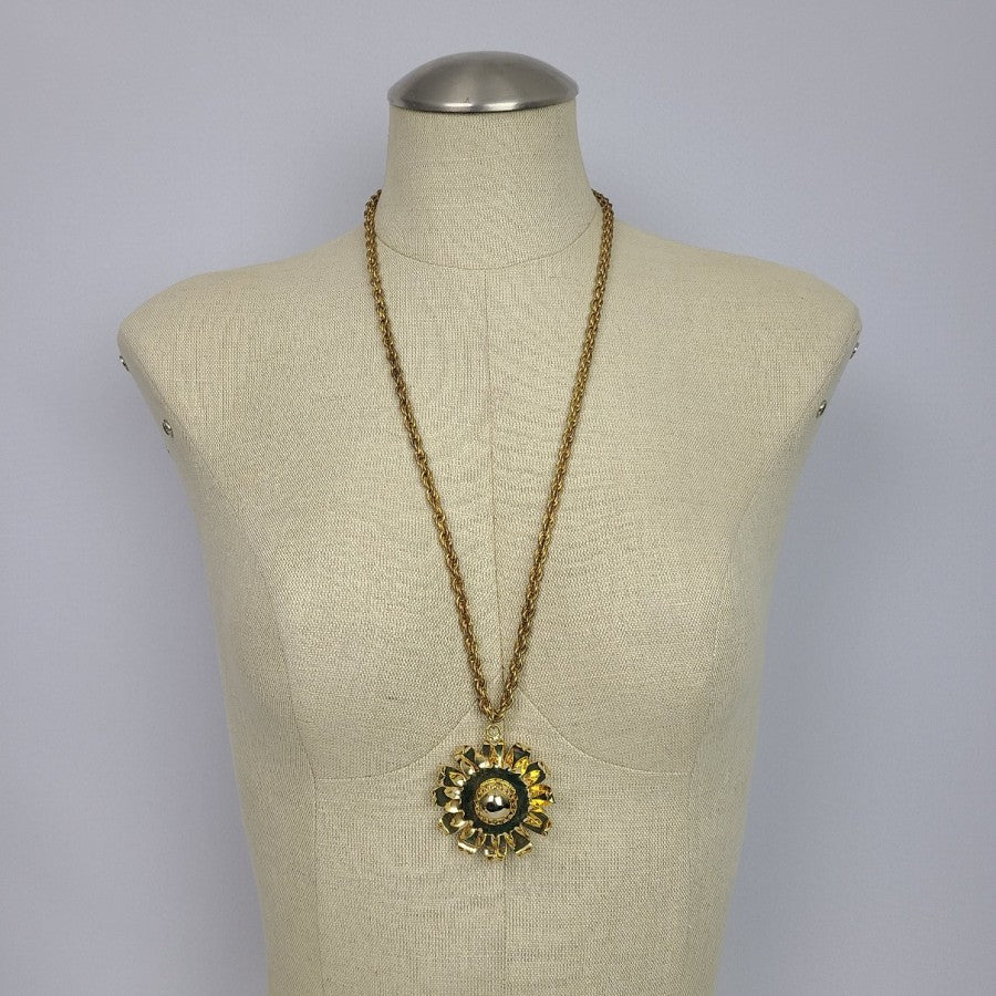 Vintage Flower Pendant Long Chain Necklace Gold Tone