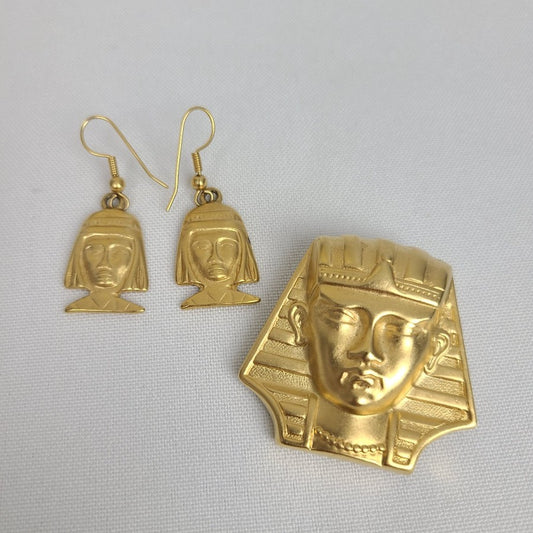 Vintage Pharaoh Egypt Brooch & Earring Set