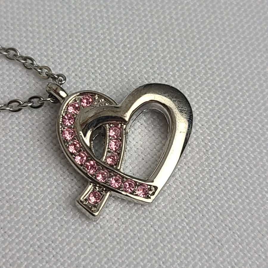 Silver & Pink Rhinestone Heart Dainty Pendant Necklace