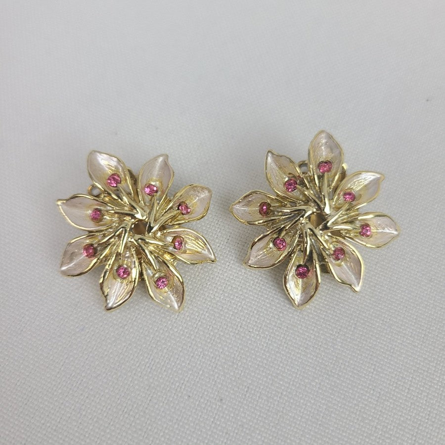 Vintage Judy Lee Gold Flower Rhinestone Clip On Earrings