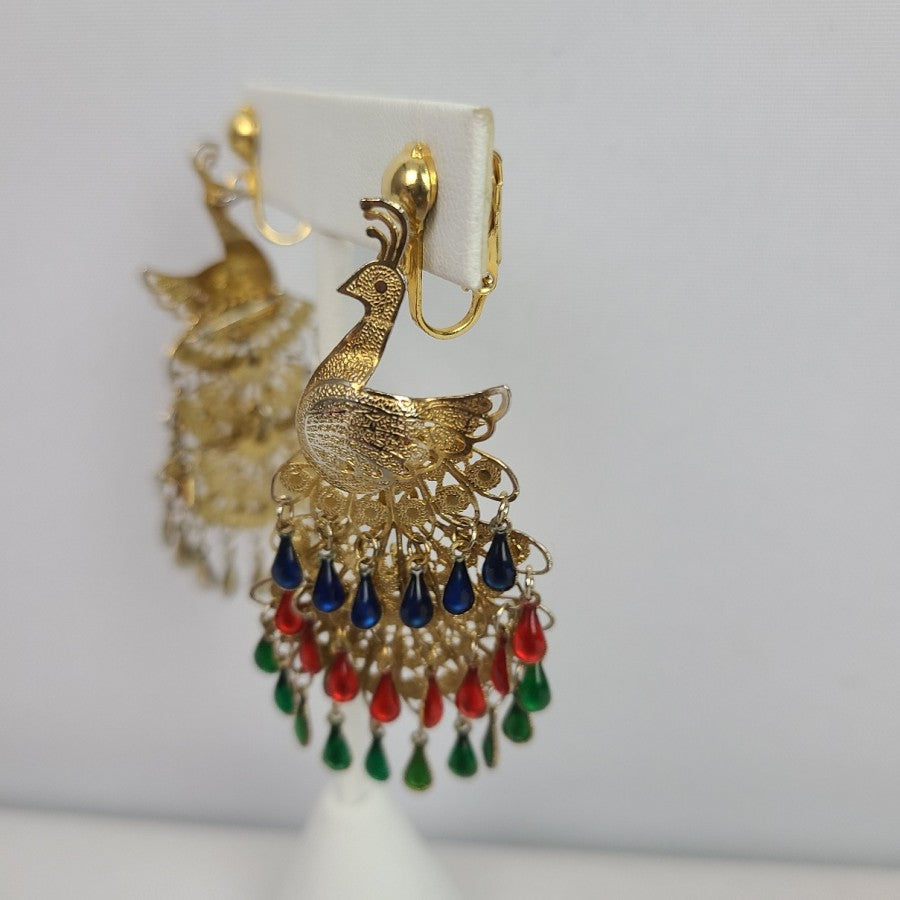 Vintage Peacock Clip On Earrings