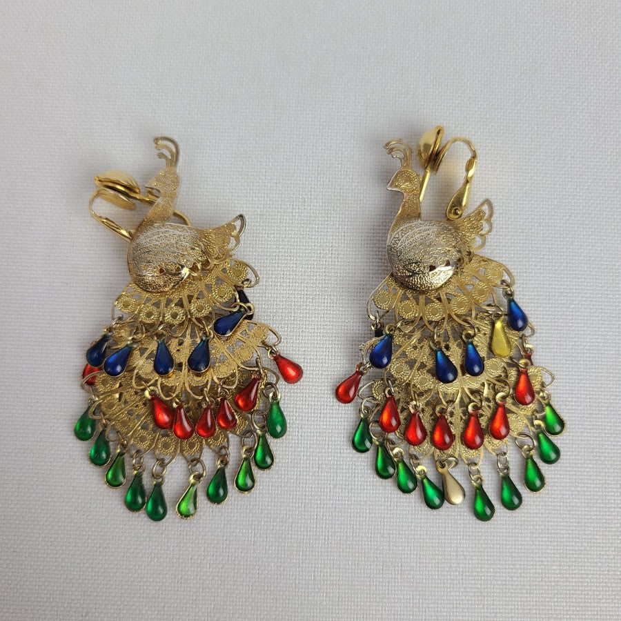 Vintage Peacock Clip On Earrings