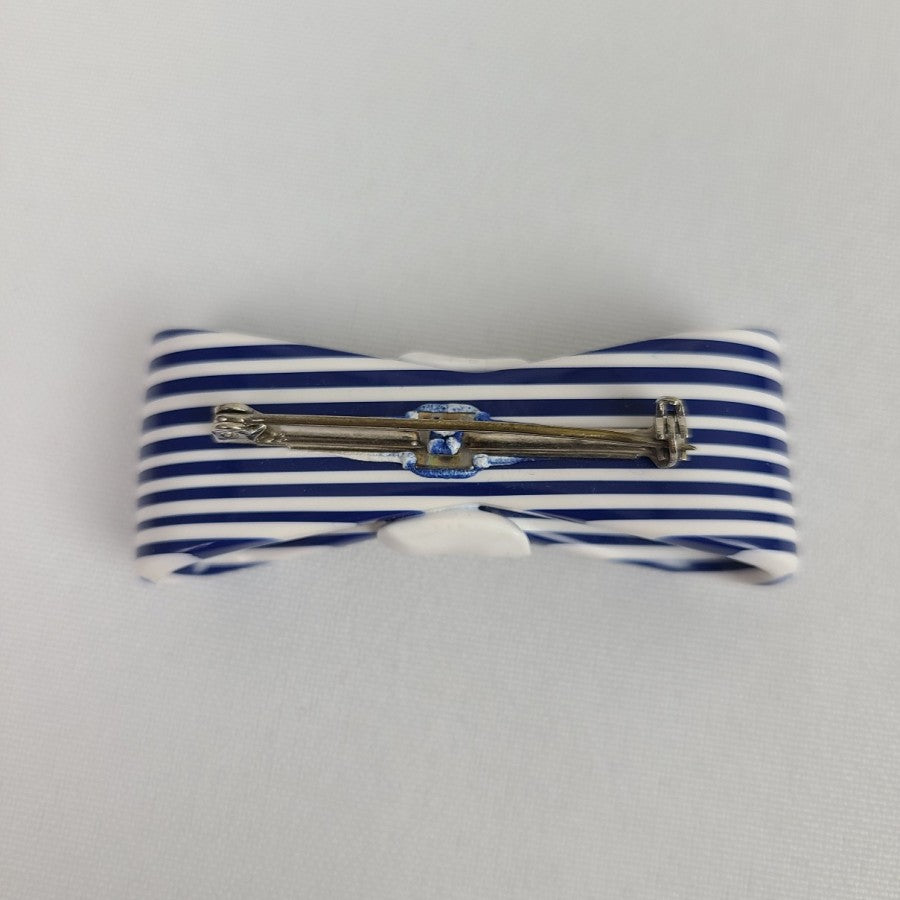 Vintage Blue Striped Plastic Bow Brooch