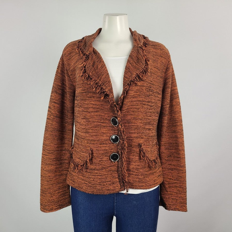 Willow Brown Knit Cotton Fringe Button Up Cardigan Jacket Size M