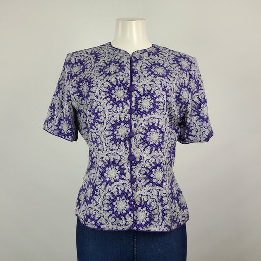 Adrianna Papel Blue Silk Floral Button Up Short Sleeve Jacket Size 10