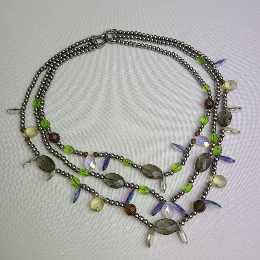 Layered Glass Beaded Silver Ball Chain Necklace