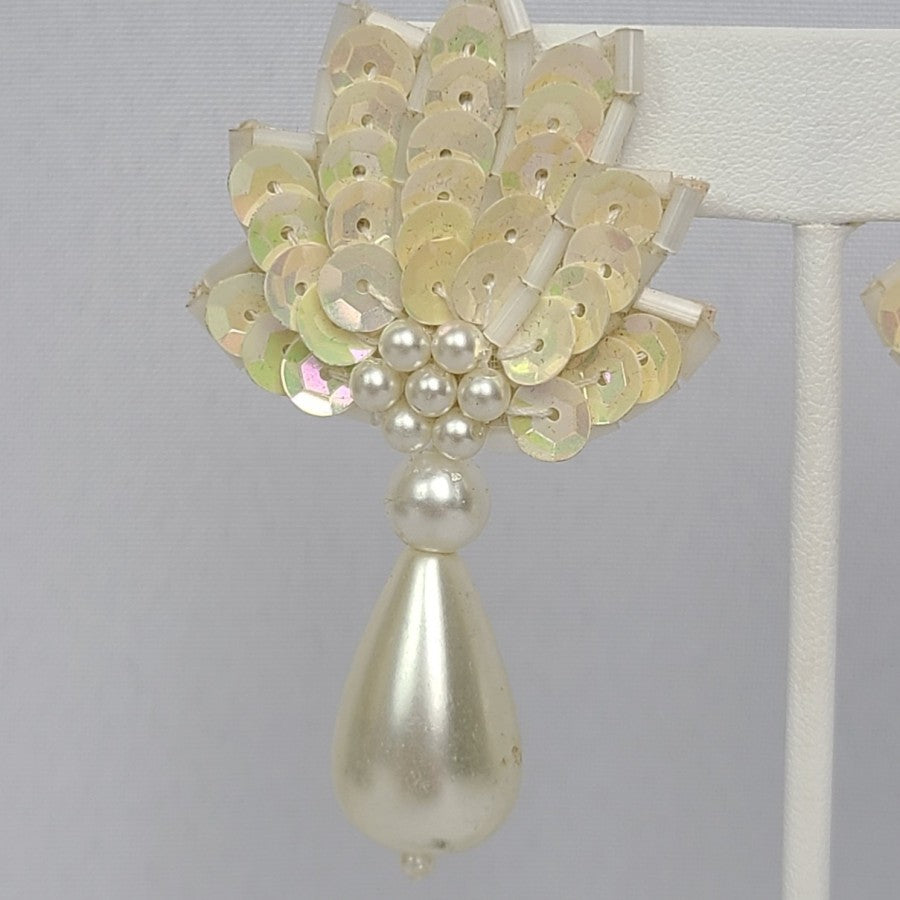 Vintage Statement Earrings White Sequined Faux Pear Clip On