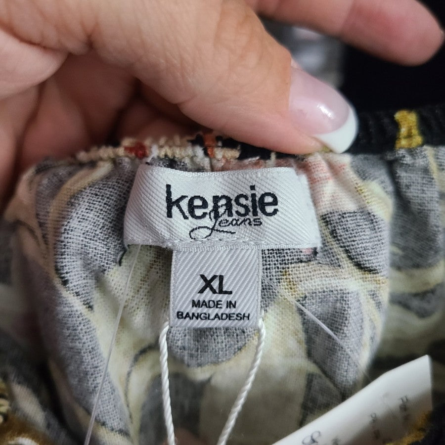Kensie Jeans Black Floral Linen Cotton Ruffle Peplum Top Size XL