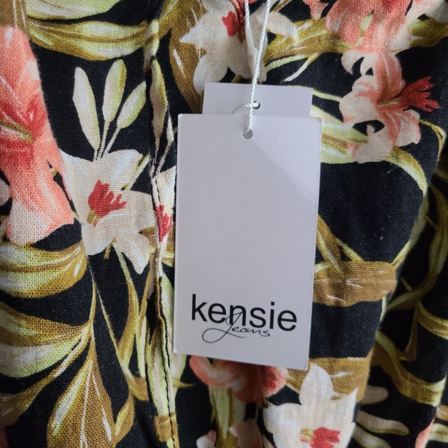 Kensie Jeans Black Floral Linen Cotton Ruffle Peplum Top Size XL