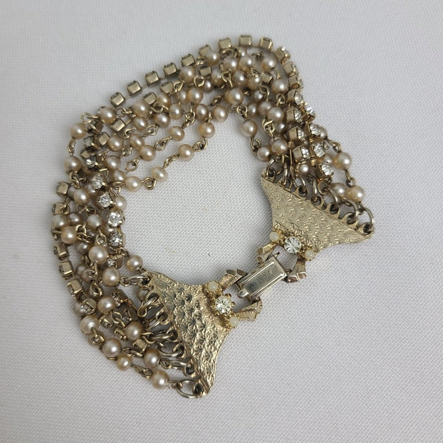 Vintage Faux Pearl Beaded Rhinestone Wide Bracelet
