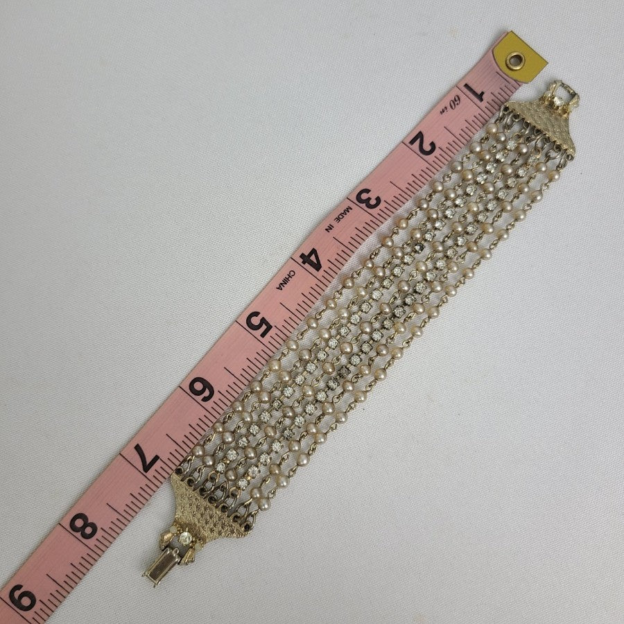 Vintage Faux Pearl Beaded Rhinestone Wide Bracelet