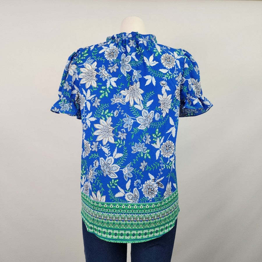 floral & ivy Blue Flower Print Puff Sleeve Top Size S