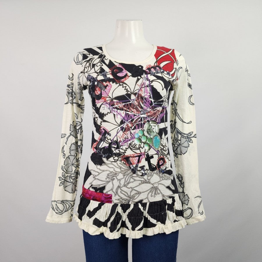 Desigual Sequined Floral Long Sleeve Top Size S
