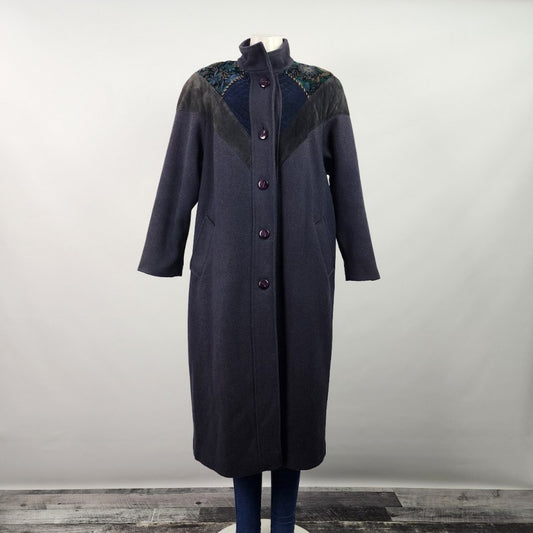 Vintage Blue Wool Leather Trimmed Floral Winter Long Coat Size L