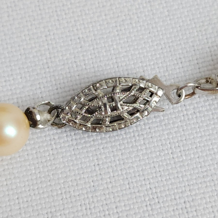 Vintage Cream Glass Faux Pearl Necklace Sterling Clasp