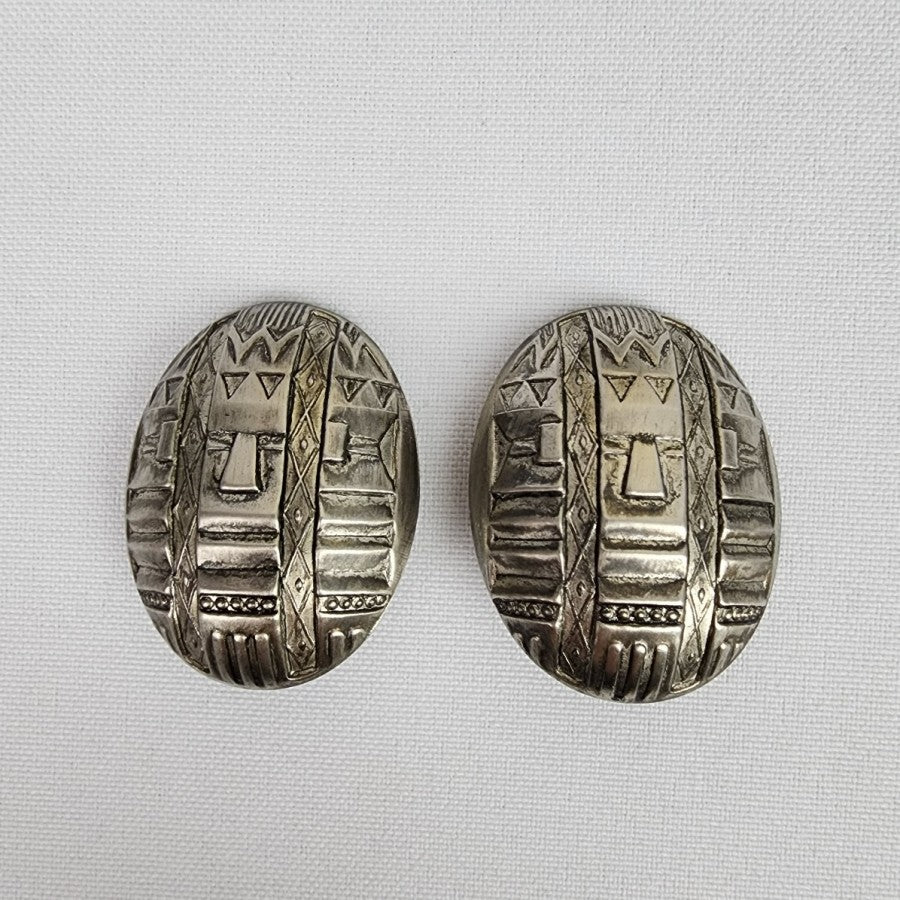 Vintage Silver Aztec Face Clip On Earrings