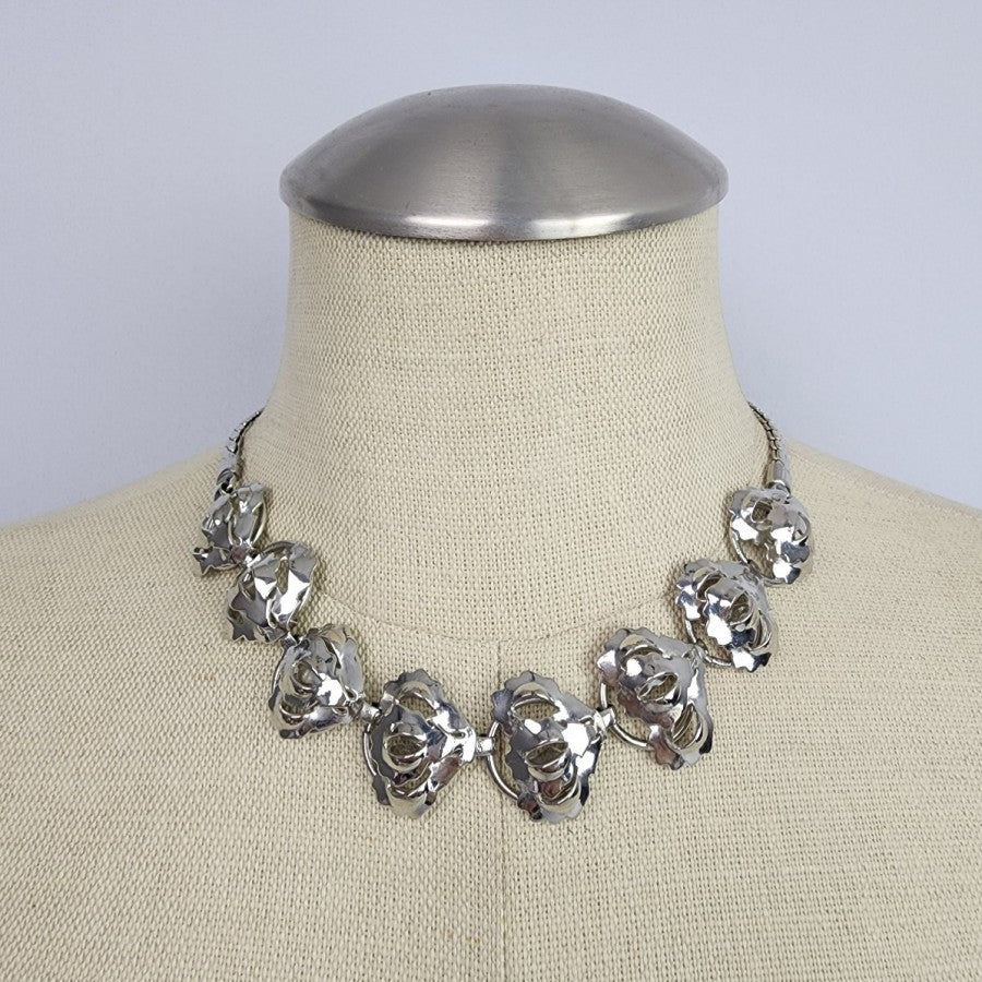 Vintage Silver Floral Collar Chunky Link Necklace