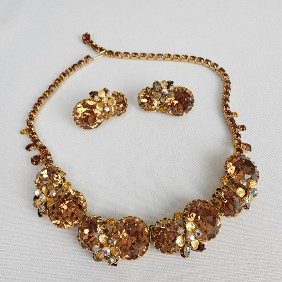 Hattie Carnegie Smoky Topaz Large Cabochon Necklace Earring Set