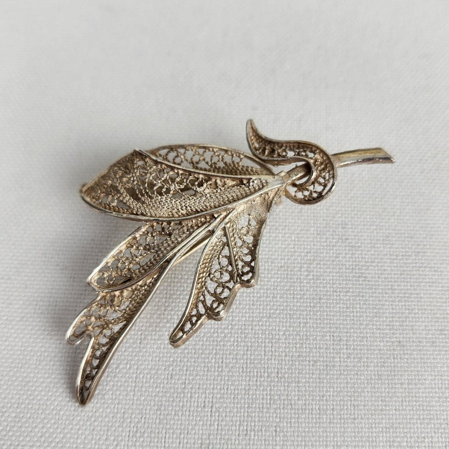 Vintage Sterling Filigree Leaf Brooch