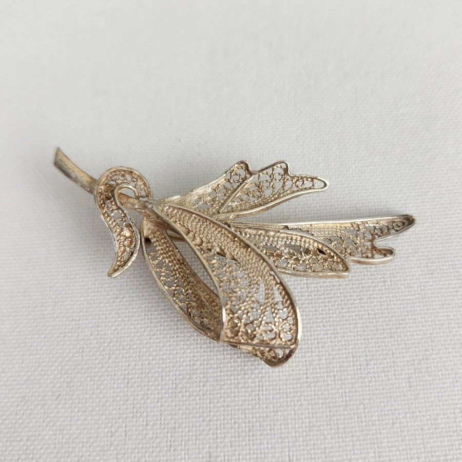 Vintage Sterling Filigree Leaf Brooch