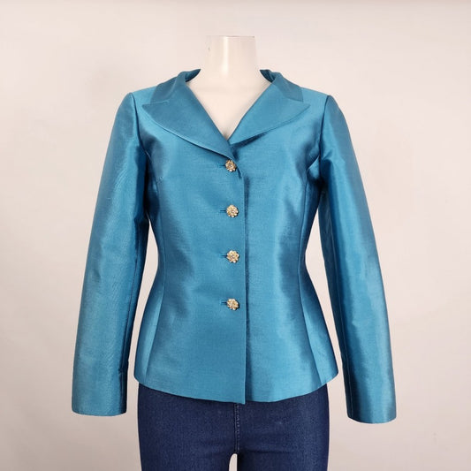 Teri Jon by Rickie Freeman Silk Wool Blue Rhinestone Blazer Size 6