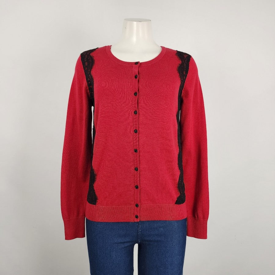 Denver Hays Red Black Lace Button Up Cardigan Size S