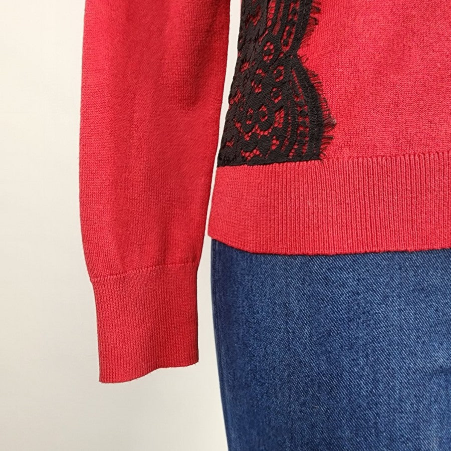 Denver Hays Red Black Lace Button Up Cardigan Size S