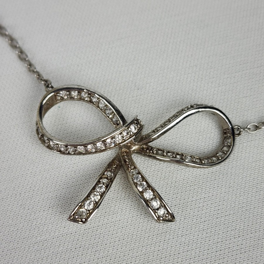 925 Sterling Silver Crystal Bow Delicate Necklace