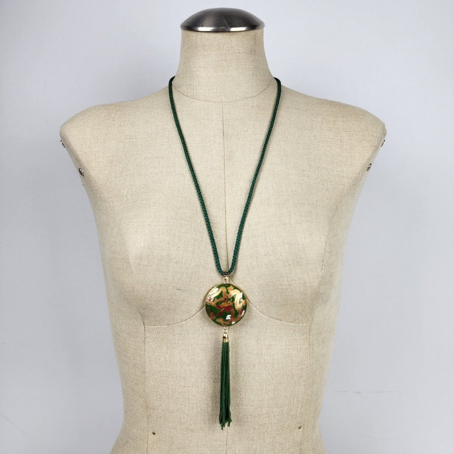 Vintage Green Dragon Enamel Cloisonne Pendant Tassel Braided Chain Necklace