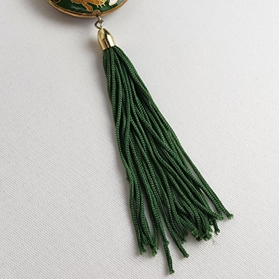 Vintage Green Dragon Enamel Cloisonne Pendant Tassel Braided Chain Necklace