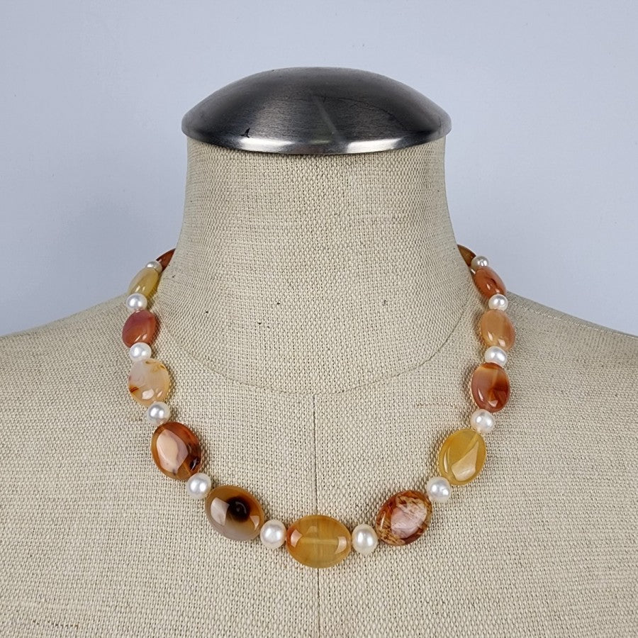 Natural Stone Faux Pearl Necklace & Bracelet Set Sterling Silver Clasp