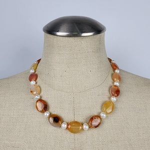 Natural Stone Faux Pearl Necklace & Bracelet Set Sterling Silver Clasp