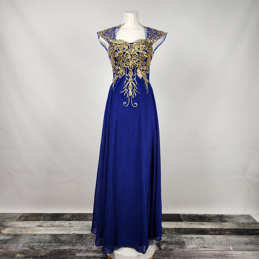 Blue & Gold Embroidered Chiffon Long Gown Size S