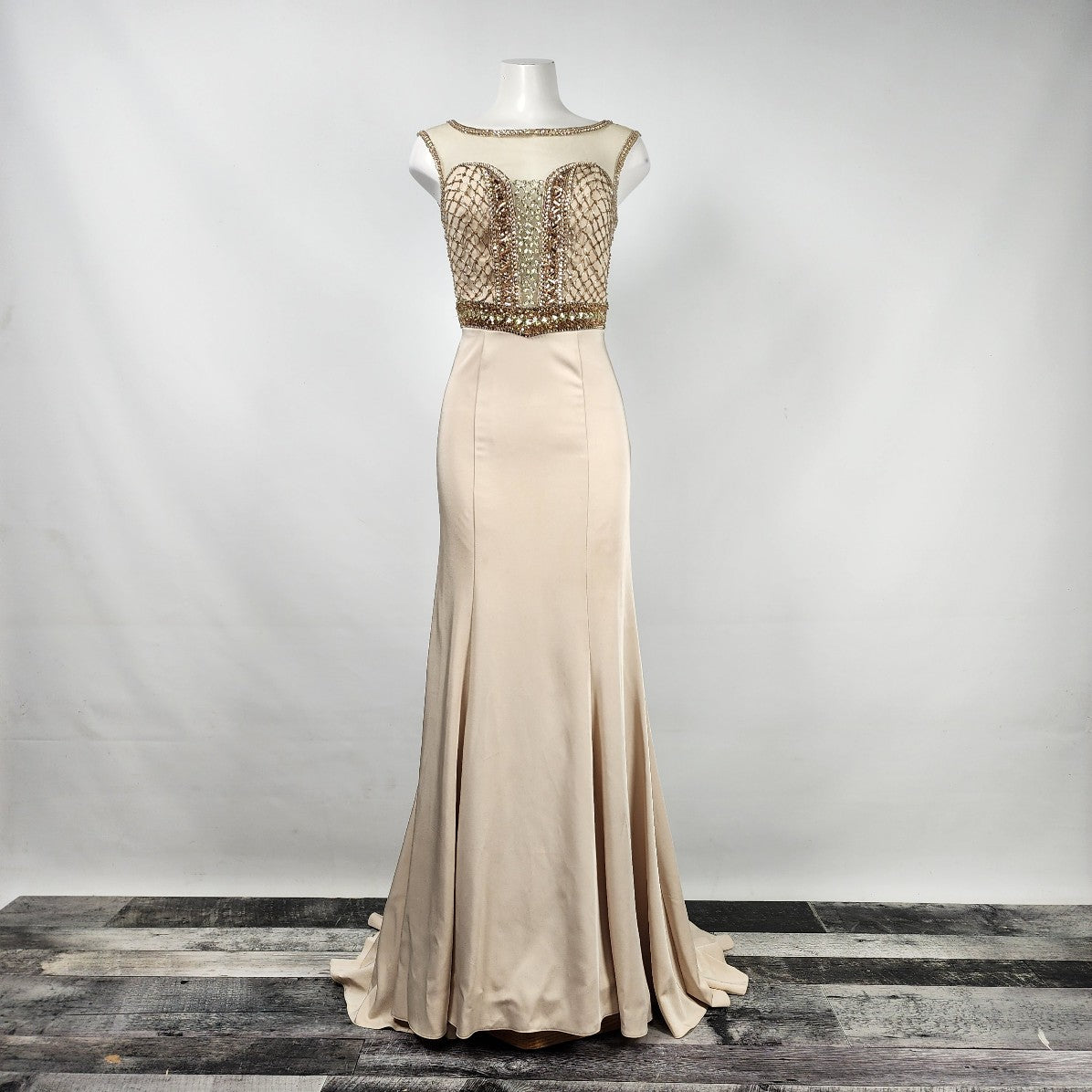Beige Beaded Bodice Illusion Neckline Grad Event Gown Size S