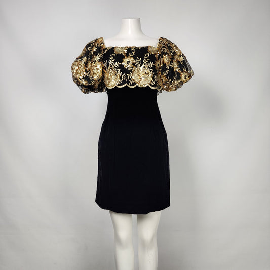 Vintage Nipon Boutique Black Velvet Gold Sequined Dress Size S