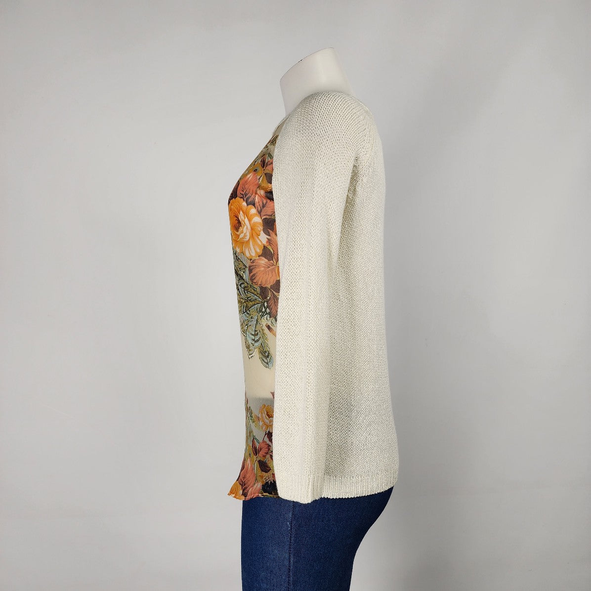 THML Cream Knit Floral Chiffon Sweater Size S