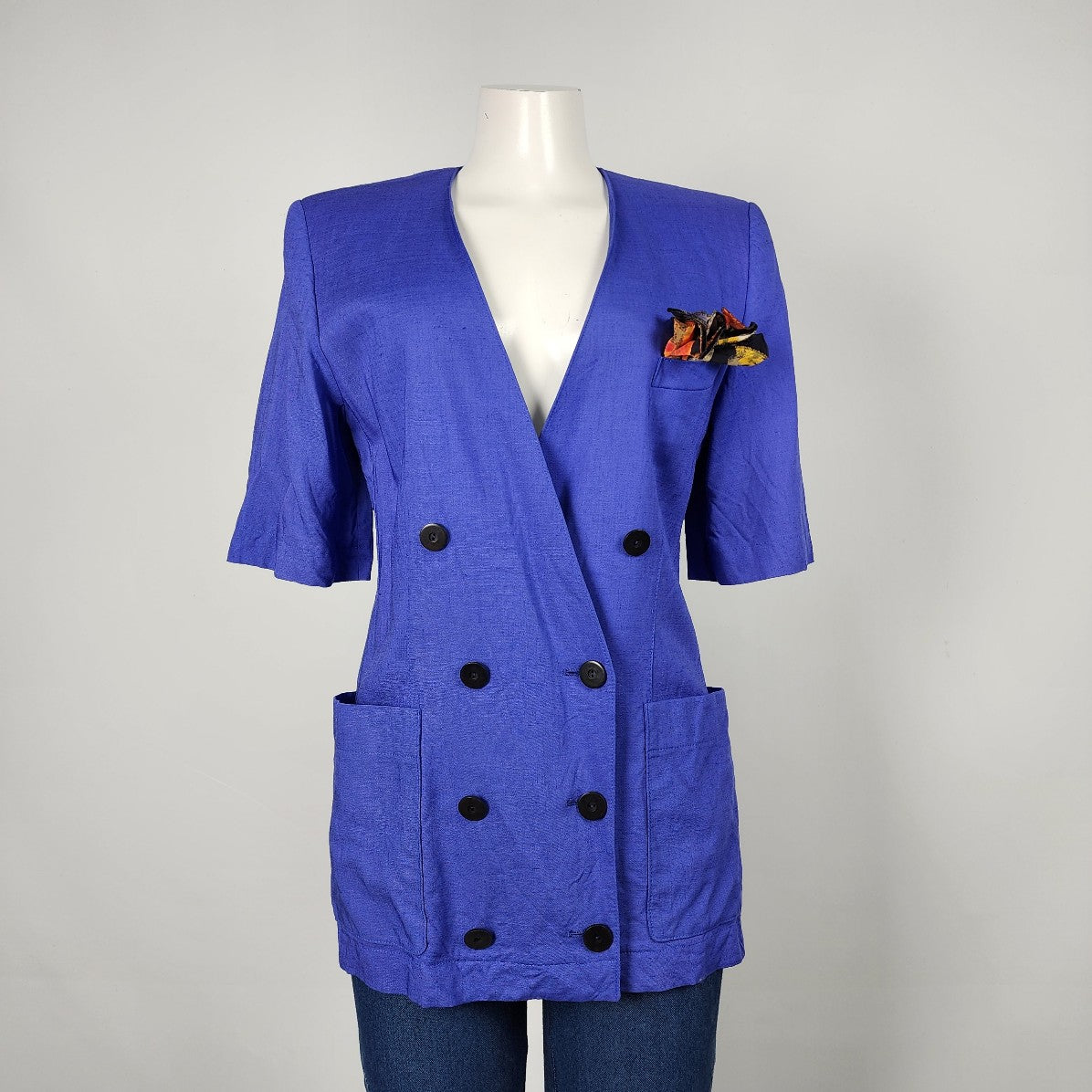 Vintage Niendorf Blue Linen Short Sleeve Blazer Size S/M