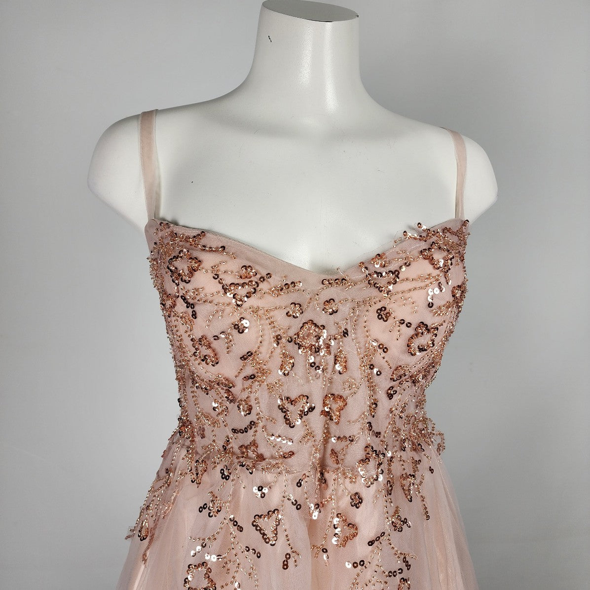 Rose Gold Blush Pink Tule Beaded Grad Gown Event Dress Size M